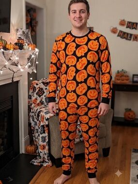 Halloween Pumpkin Print Men's Pajama Set - Orange & Black